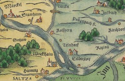 Château à vendre 84375 Kirchdorf am Inn, Hofmarkstraße 2, Bavière, Älterste bayrische Landkarte 16.Jh. mit Miniaturansicht des Schlosses